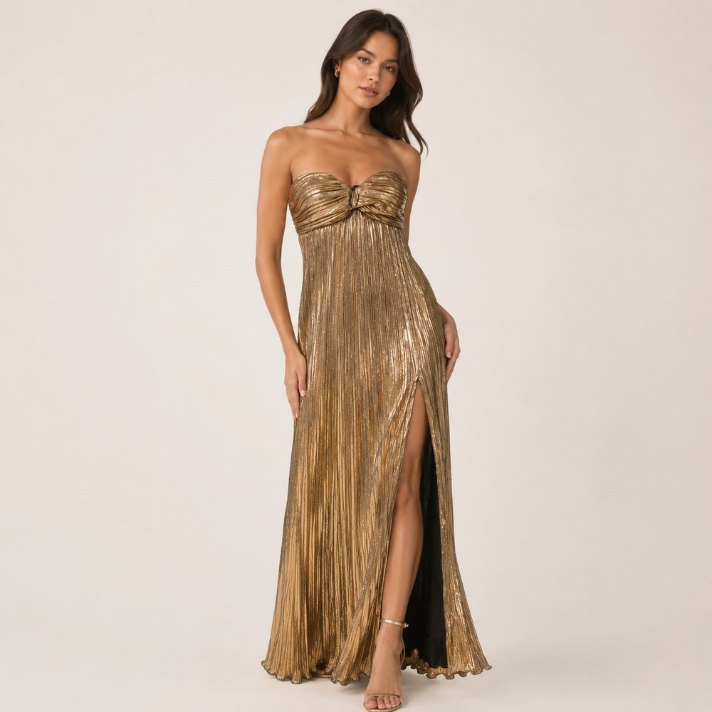 City Vibe Junior Twist Front Bandeau Strapless Maxi Dress Bronze size 9 Pleated